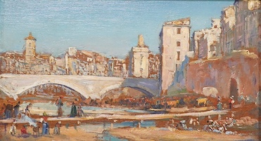 Arthur Trevor Haddon (1864-1941), oil on board, View of Gerona, 11.5 x 21cm. Condition - good, some minor losses to frame